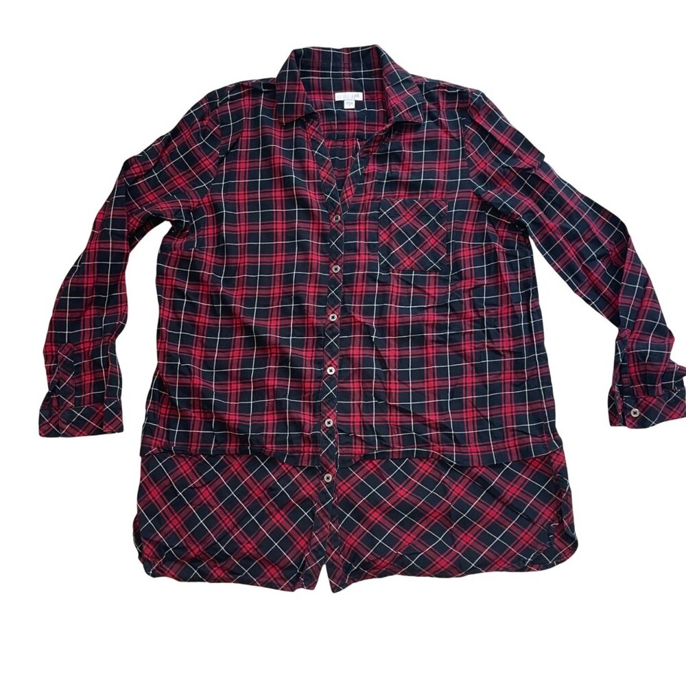 J. Jill Plaid Button Front Tunic Top Women's Size Medium 100% Cotton Red,‎ Black